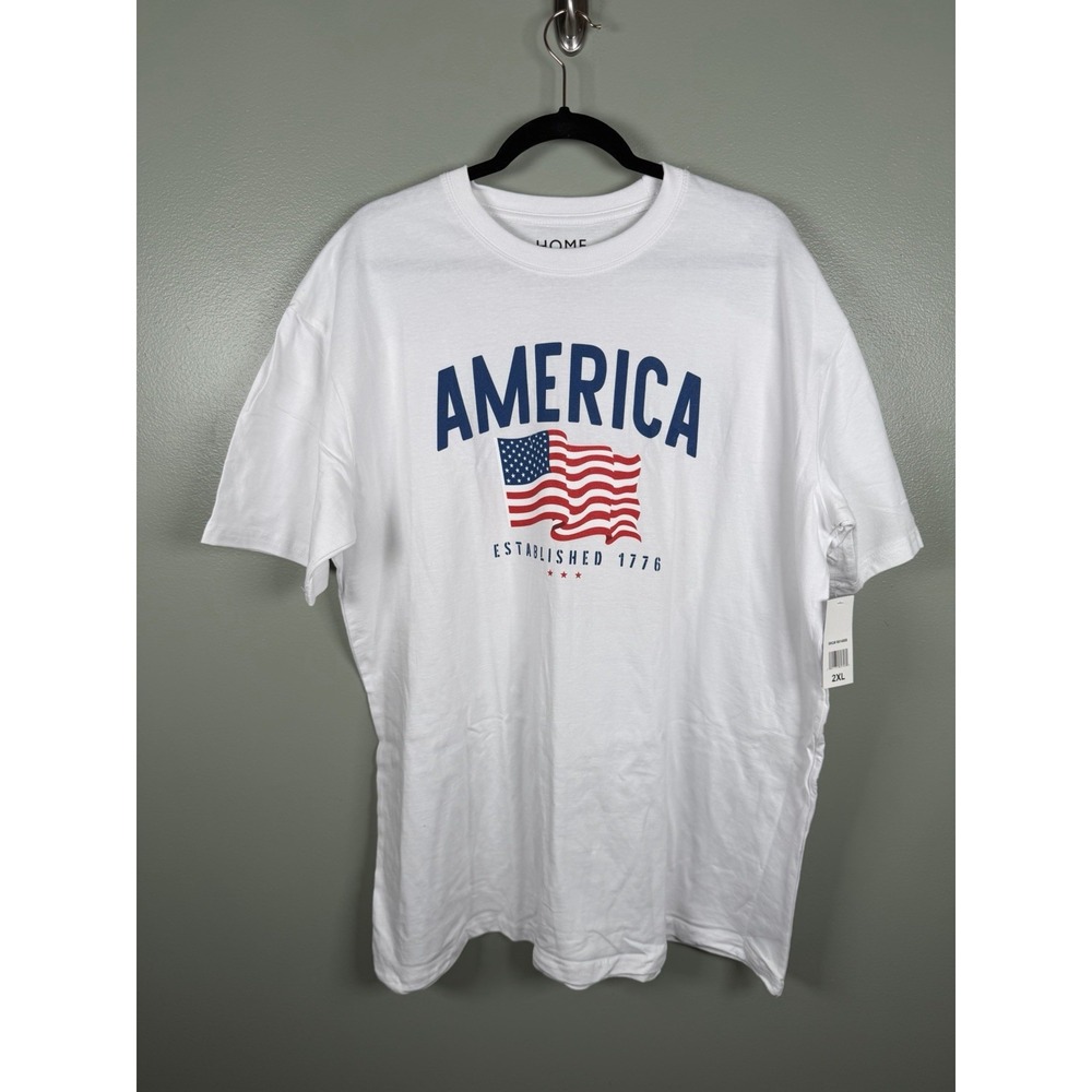 Home of the Brave America Flag Graphic T-Shirt White 2XL Patriotic Tee NWT